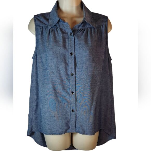 Cabi Top Tunic Blue Chambray Drape Open Back Hi Low Blouse Flowy Button‎ 387 S - Picture 3 of 13